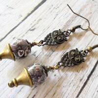 Brown and Brass Owl Earrings (4661)