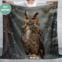 Great Horned Owl Blanket, Plush Fleece Blanket, Cozy Throw, Soft Bedding, Owl Blanket, Bird Throw Bl