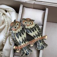 Vintage Owl Brooch Pierre Bex Style with Glazed Enamel in Russet Cream and Black Striking 1980's