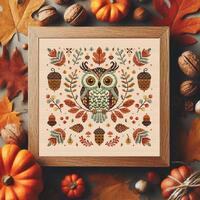 Owl cross stitch pattern Autumn sampler Fall cross stitch quaker Primitive Forest Bird embroidery Ac