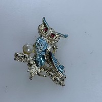 Vintage Pin Brooch Gold Toned Owl With Faux Pearl Blue And Red Enamel Used