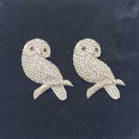 Matched pair, huge Owls standing on a branch, with clear and aurora borealis rhinestones and a Ruby 