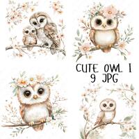 9 Watercolor Owl Clipart, Woodland Owl and Floral Clipart, Cute Owl Family, Rustic Nursery Animal Cl