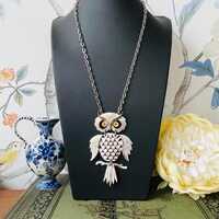 Vintage 1960s Owl Pendant Necklace | Articulated Bird Jewelry | Citrine Eyes Boho Statement | Long C