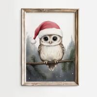 Christmas Owl Print: Watercolor Holiday Wall Decor, Xmas Animal Art (Digital Download)