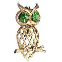 Vintage Roma Owl Brooch Green Eyes Gold Plate Costume Pin 2.25"