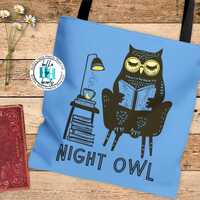 Night Owl Tote Bag - Retro Folk Art Linocut Style - Book School Library - Booknerd Bookworm Bookish 