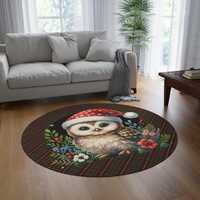 Round Rug with Cute Owl Wearing Santa Hat, Festive Christmas Decor, Holiday Home Accent, Adorable An