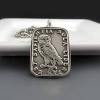 Sterling Silver Owl Necklace | Wisdom is the Only Freedom Latin Quote Charm | Handcrafted Jewelry |