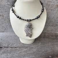 Silver Owl hand beaded magnetic hematite memory wire choker necklace