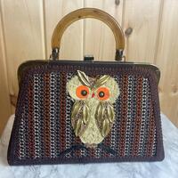 VINTAGE OWL PURSE…Gold Metal Feather Jewelry…Small Beads…Multi-Colored Fabric&h