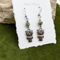 OWL African turquoise green earrings. Boho everyday earrings. Green jasper dangle earrings. Cottagec