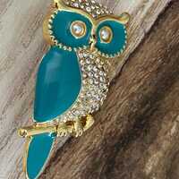 Vintage Talbots Teal Enamel and Pave Rhinestone Owl Brooch