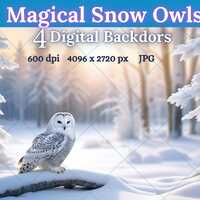 4 Magical Snowy Owl Digital Backdrop Bundle; Winter Christmas Forest Backgrounds for Family and Kids
