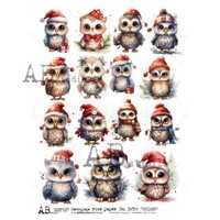 A4 ABDF 5759 Christmas Owls Multiple Decoupage Rice Paper