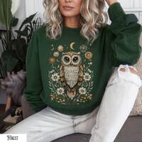 Celestial and floral owl sweatshirt, whimsical cute owl sweatshirt