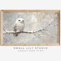 FRAME TV art Cute White Owl in Winter Landscape, Neutral Snowy Owl Tv artwork, Vintage style bird pa