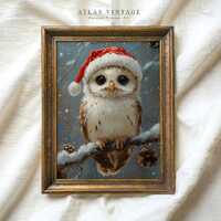 Vintage Christmas Barred Owl Print, Cute Owl in Santa Hat Painting Digital Print, Winter Holiday Pri