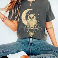 Vintage Celestial Owl shirt, Retro Animal Tee, Nature Lover Gift, Boho,  Linocut Style, Folklore Cos