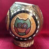 Hand Painted Stipple Carved Signed Owls Art Gourd Puck Light Lamp