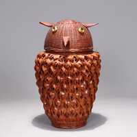 Chinese Hand Made Wicker Owl Jar With Clay Pottery Interior By Shanghai