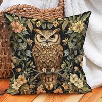 Owl Floral Pillow Cover, William Morris-Inspired Cotton Linen Cushion, Vintage Woodland Decor Throw 