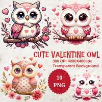 Valentine Owl Clipart, Watercolor PNG Bundle (Digital Download)