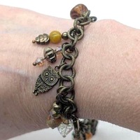 Antique Bronze Charm Bracelet: Owl, Leaf, Gemstone Dangles