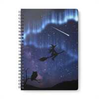 Wirobound Notebook, A5 with Owl and Witch Flying on Broom at Night and Stars Design, Journal, Planne