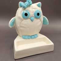 Adorable Vintage White Owl with Teal Ceramic Book End or Trinket Dish Figurine Statue - 4"