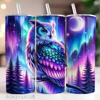 Neon Owl Tumbler Wrap 20 oz Skinny Tumbler Sublimation Design Northern Lights Tumbler Png Moon Tumbl