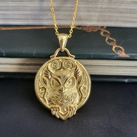 Celtic Owl Gold Pendant, Bas Relief Mythology Medallion