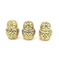 Set Of Three Myanmar Small 2" Lacquer Owl Trinket Jewelry Box With Burmese Black Lacquerware &a