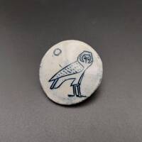 Vintage handmade ceramic owl brooch, round with light grey navy blue glaze, primitive style