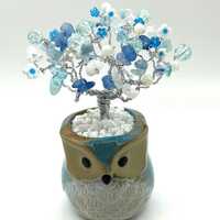 Blue stones wire gemstone tree in owl pot, handmade