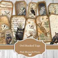 Owl Stacked Tags, Printable, Owl Junk Journal, Junk Journal Supplies, Vintage, Junk Journaling, Digi