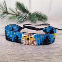 Beaded Owl Bracelet – Adjustable Loom Woven Jewelry with Night Sky and Pine Trees – Hand