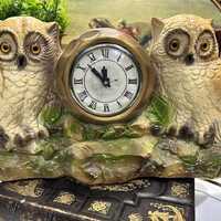 Vintage Retro Plaster/Chalkware Owl Mantel or Wall Clock - Lanshire Movement, Mid Century Decor - Ru