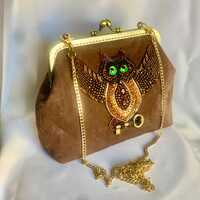 Brown Suede Handbag  Handmade Vintage Clutch with Beaded Owl Embroidery   Retro Purse with Metal Fra