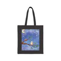 Owl and Squirrel in Tree with Moon and Stars Night Sky on Black Cotton Canvas Tote Bag