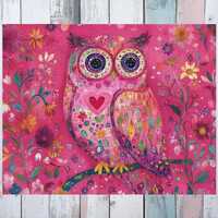 Puzzle, Hand Drawn Pink Owl with Patterns & Flowers, Fun Family Activity, Relaxing Hobby, Gift f