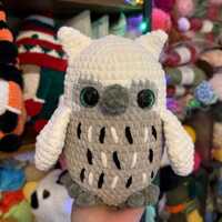 Crochet Owl Plushie: Handmade Stuffed Animal with Green Eyes