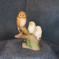 Vintage Owls on Branch Figurine. Franklin Porcelain Peter Barrett Screech Owl with Chicks. Christmas