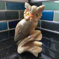 Vintage Alabaster Owl Sculpture Carved Owl Figurine 1970’s Excellent