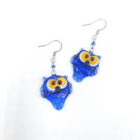 Glass Owl Earrings | Blue Owl With Yellow Eyes | Bird Earrings | Glass Animal Jewellery | Drop Earri