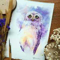 ORIGINAL Whimsical Owl watercolor painting 7.5x11 inches, Hand-painted by Yui Chatkamol, owl lover, 