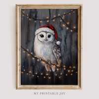 Vintage Owl Christmas Wall Art Rustic Santa Hat Winter Woodland Holiday Print Cozy Festive Digital D