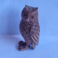 delightful hand carved signed wood Netsuke owl figure