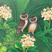 Screech owls Painting, Frangipani Flower Painting, Original Handmade Painting, Coconut Tree, Owls Wa