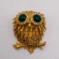 Vintage Gold Feathered Owl Brooch with Green Cabochon and Diamanté Eyes